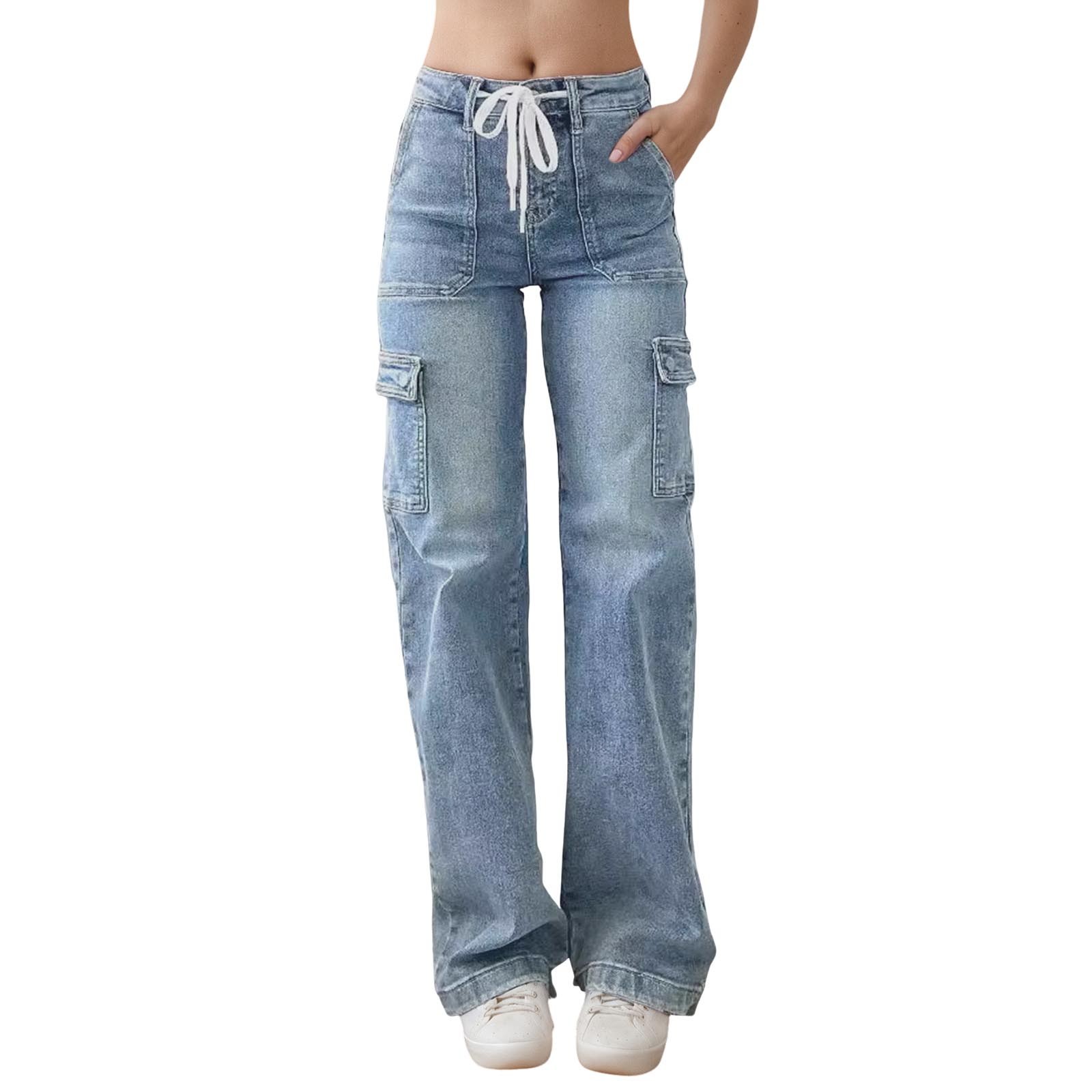 Pantalones rectos de trabajo para mujer: vaqueros informales con múltiples bolsillos para uso diario